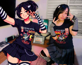 2girls absurdres art_vs_artist artist_self-insert asian black_eyes black_hair black_shirt black_thighhighs blurry blush breasts commentary drawing_tablet dual_persona english_commentary english_text hair_ornament hair_over_one_eye high_ponytail highres horizontal-striped_thighhighs indoors instrument keyboard_(instrument) long_hair looking_at_viewer medium_breasts multiple_girls nintendo_switch one_eye_closed original parted_lips pentagram photo_background pixel_art pleated_skirt ponytail shirt skirt skull smile t-shirt thighhighs v white_thighhighs yumykon yumykon_(yumykon) zettai_ryouiki