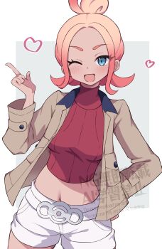 1girl absurdres blonde_hair blue_eyes blush breasts brown_jacket cropped_shirt gradient_hair hair_bun heart highres jacket long_sleeves looking_at_viewer medium_breasts midriff multicolored_hair navel nintendo one_eye_closed open_clothes open_jacket open_mouth pink_hair piyo_to_game pokemon pokemon_legends:_z-a red_shirt red_sweater ribbed_shirt shirt shorts smile solo sweater taunie_(pokemon) turtleneck turtleneck_shirt white_shorts