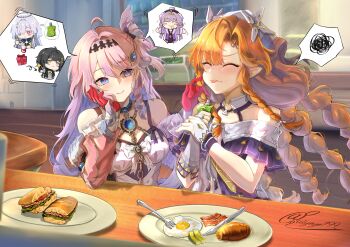 2girls absurdres ahoge bacon bare_shoulders bitter blue_eyes braid braided_sidelocks bread breasts bridal_gauntlets closed_eyes closed_mouth commentary denia_(wuthering_waves) detached_sleeves egg female_rover_(wuthering_waves) food gloves hair_intakes hair_ornament highres kouno_(uiyoyo199) long_hair looking_at_another medium_breasts mornye_(wuthering_waves) multiple_braids multiple_girls nivora_(wuthering_waves) orange_hair pink_hair plate pointy_ears red_gloves rover_(wuthering_waves) sandwich sidelocks signature sigrika_(wuthering_waves) smile spoken_character spoken_squiggle squiggle tongue tongue_out untranslatable_commentary veil white_bridal_gauntlets white_veil wuthering_waves