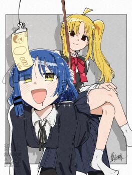 2girls :d ahoge all_fours ankle_socks artist_name banknote bare_legs black_cardigan black_pantyhose black_ribbon black_skirt black_vest blonde_hair blue_hair blush bocchi_the_rock! border cardigan closed_mouth collared_shirt commentary crossed_legs drooling drop_shadow empty_eyes excited fishing_rod grey_background hair_ornament hairclip hairpin hand_on_own_knee haniwa_hayate highres holding holding_fishing_rod human_chair human_furniture ijichi_nijika long_sleeves looking_at_object miniskirt mole mole_under_eye money mouth_drool multiple_girls multiple_hairpins neck_ribbon no_shoes open_mouth pantyhose parallel_hairclips pleated_skirt red_eyes red_ribbon ribbon school_uniform shimokitazawa_high_school_uniform shirt short_hair side_ponytail sitting sitting_on_person skirt smile socks sparkle sparkling_aura split_mouth symbol-only_commentary vest watermark white_border white_shirt white_socks yamada_ryo yellow_eyes
