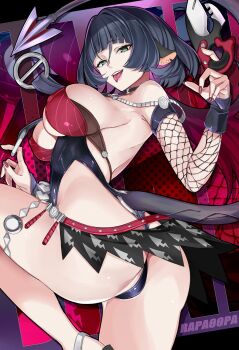 1girl animal_ears ass black_hair black_one-piece_swimsuit black_sarong breasts commentary_request fishnet_sleeves fishnets green_eyes highres holding holding_weapon hug_from_side jane_doe_(nocturne_of_light)_(zenless_zone_zero) jane_doe_(zenless_zone_zero) large_breasts mouse_ears mouse_girl mouse_tail official_alternate_costume one-piece_swimsuit rapapa red_hair sarong sideboob solo swimsuit tail weapon zenless_zone_zero