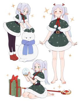 1girl :3 :o =_= absurdres artist_name barefoot belt black_pantyhose blue_scarf blush boots box brown_belt capelet closed_mouth commentary dress earrings elf feet frieren full_body fur-trimmed_boots fur-trimmed_capelet fur-trimmed_dress fur-trimmed_mittens fur_trim gift gift_box green_capelet green_dress green_eyes green_mittens grey_hair highres himmel_(sousou_no_frieren) holding holding_snow_globe jewelry mage_staff mittens multiple_views netapai1 pantyhose parted_bangs parted_lips pointy_ears pom_pom_(clothes) red_boots scarf seiza short_eyebrows sitting smile snow_globe snowman sousou_no_frieren staff standing symbol-only_commentary teardrop_earrings thick_eyebrows toes twintails