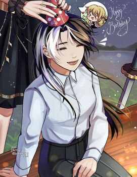 2girls absurdres black_dress black_hair closed_eyes collared_shirt commentary dress english_commentary english_text grin hand_on_lap happy_birthday hat heart highres jung_heewon long_sidelocks mountainous_horizon multicolored_hair multiple_girls omniscient_reader&#039;s_viewpoint out_of_frame party_hat planted planted_sword planted_weapon saihachi06 shirt shirt_tucked_in sidelocks sitting smile spoken_character streaked_hair sword two-tone_hair uriel_(omniscient_reader&#039;s_viewpoint) weapon white_shirt wrist_cuffs