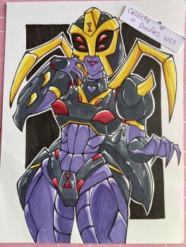 1girl alien arthropod_girl arthropod_limbs black_panties blackarachnia breasts celestedoodles colored_skin decepticon fingernails highres insect_girl mecha mecha_musume medium_breasts panties purple_lips purple_skin red_eyes robot sharp_fingernails spider_girl thick_thighs thighs traditional_media transformers transformers_animated underwear