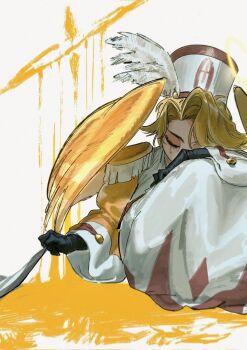 1boy abel_(hazbin_hotel) angel angel_wings apupu_bel blonde_hair crying epaulettes feathered_wings halo hazbin_hotel hellaverse highres long_sleeves sitting solo wings