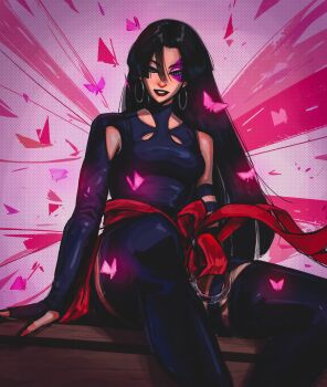 1girl absurdres animal black_hair black_thighhighs blue_eyes breasts bug butterfly commentary earrings english_commentary facial_mark highres insect jewelry leotard long_hair looking_at_animal looking_at_viewer marvel marvel_rivals medium_breasts nose pink_background pink_butterfly psylocke red_ribbon ribbon sitting smile solo thighhighs titanartx x-men