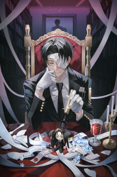 Rule 34 | 1boy, 7ceta, absurdres, ambiguous red liquid, badge, black jacket, black necktie, blue flower, bookshelf, bow, breast pocket, broken plate, butter knife, button eyes, buttons, candelabra, candlestand, character doll, closed mouth, collared shirt, commentary, cracked mask, cup, curtained hair, curtains, doll, dress, drinking glass, elbow on table, eye mask, father and daughter, flower, glint, gloves, gold trim, hair bow, half eye mask, hand on own cheek, hand on own face, hand up, highres, holding, holding spork, indoors, jacket, knife, lapels, light particles, limbus company, long sleeves, looking at viewer, male focus, mask, multicolored hair, necktie, notched lapels, pager, paper, parted bangs, plate, pocket, portrait (object), project moon, red bow, rien (project moon), ryoshu (project moon), shards, shirt, short hair, sitting, sitting on throne, smile, spork, streaked hair, string, string of fate, suit jacket, table, tablecloth, throne, tie clip, upper body, wax seal, white dress, white gloves, white mask, white shirt, white streaks, wine glass, wing collar, wolfsbane (flower), yellow eyes