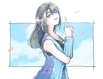 1girl bare_shoulders black_hair black_shirt blue_arm_warmers blue_background blue_cardigan blue_skirt border brown_hair cardigan cloud cloudy_sky falling_petals final_fantasy final_fantasy_viii jewelry light_smile looking_at_viewer michibata_65 necklace parted_lips petals pink_petals pointing pointing_up ring ring_necklace rinoa_heartilly shirt skirt sky sleeveless sleeveless_shirt solo white_border