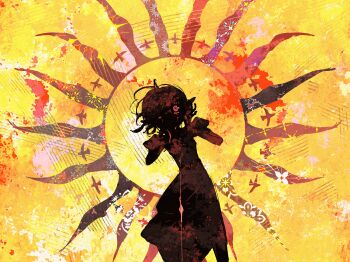 1girl animated animated_gif bare_arms bird black_background blood bloody_tears chinese_commentary collared_dress commentary_request cowboy_shot dress emphasis_lines epilepsy_warning fukurou_(linxiao_2024) hands_on_own_face highres injury one_eye_closed orange_background original parted_lips puffy_short_sleeves puffy_sleeves red_eyes sharp_teeth short_dress short_hair short_sleeves silhouette solo sun_symbol teeth yellow_background