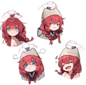 1girl beanie blue_archive blue_eyes blush braid closed_mouth commentary_request halo hat highres long_hair maki_(blue_archive) maki_(camp)_(blue_archive) multiple_views official_alternate_costume official_alternate_hairstyle painterliuhao red_hair red_halo simple_background smile twin_braids white_background