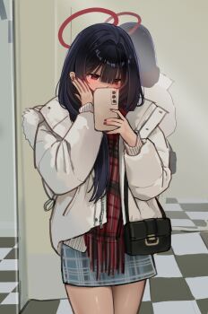 1girl absurdres alternate_costume bag black_bag black_hair blue_archive blue_jacket blue_skirt cellphone commentary_request halo highres holding holding_bag holding_phone hyurumari jacket justice_task_force_member_(blue_archive) korean_commentary long_hair mirror_selfie open_clothes open_jacket phone plaid_clothes plaid_scarf plaid_skirt red_halo red_nails red_scarf scarf selfie skirt smartphone solo