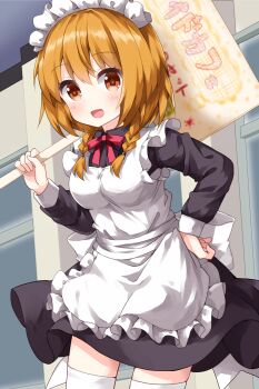 1girl :d apron black_dress blush braid breasts brown_eyes commentary_request cowboy_shot dress frilled_apron frills hand_on_own_hip highres holding holding_sign looking_at_viewer maid_headdress medium_breasts natsuki_hinata neck_ribbon open_mouth orange_hair red_ribbon ribbon ruu_(tksymkw) short_hair sign smile solo thighhighs tonari_no_kyuuketsuki-san twin_braids white_apron white_thighhighs