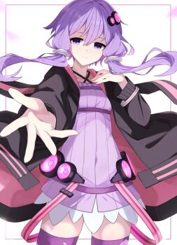 1girl black_jacket cable commentary criss-cross_halter hair_between_eyes hair_ornament halterneck highres jacket long_hair looking_at_viewer mikami_jun_(haaryan) open_clothes open_jacket purple_eyes purple_hair purple_thighhighs reaching reaching_towards_viewer solo thighhighs twintails voiceroid yuzuki_yukari