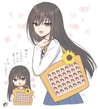 1boy 1girl :d angel_beats! bag black_hair black_ribbon blue_sailor_collar blue_skirt blush brown_eyes character_request chibi floral_background hair_between_eyes hand_up highres holding holding_bag long_hair long_sleeves matsushita_(angel_beats!) nakamura_hinato neck_ribbon open_mouth pleated_skirt ribbon sailor_collar shirt simple_background skirt smile translation_request very_long_hair white_background white_shirt