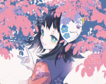 Rule 34 | 1girl, aqua eyes, black hair, bright pupils, english text, fingernails, fox mask, from behind, grin, hand up, hnn the, kimetsu no yaiba, looking at viewer, makomo (kimetsu), mask, medium hair, red petals, smile, solo, teeth, turning head, upper body, watermark, white background, white pupils