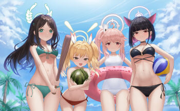 4girls after-school_sweets_club_(blue_archive) airi_(blue_archive) alternate_costume animal_ears ball baseball_bat beach_volleyball bikini black_bikini black_choker black_eyes black_hair blonde_hair blue_archive blue_sky blunt_bangs bob_cut breasts carrying cat_ears cat_girl choker cleavage cloud cloudy_sky coconut_tree colored_inner_hair commentary_request extra_ears food fruit green_bikini green_eyes gyeonyu_art hair_between_eyes hair_ornament hairclip halo holding holding_ball holding_baseball_bat holding_food holding_fruit holding_swim_ring holding_watermelon innertube kazusa_(blue_archive) leaning_forward loli long_hair looking_at_viewer multicolored_hair multiple_girls natsu_(blue_archive) navel one-piece_swimsuit outdoors palm_tree pink_hair red_bikini red_eyes short_hair side-tie_bikini_bottom side_ponytail sidelocks sky stomach summer swim_ring swimsuit tree twintails underboob volleyball_(object) watermelon white_one-piece_swimsuit wind yoshimi_(blue_archive)