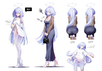 Rule 34 | 1girl, absurdres, aged up, alternate breast size (larger), ass, bag, black choker, breasts, brown cardigan, cardigan, censored, choker, cleavage, closed mouth, collarbone, commentary, dress, earrings, grey hair, hair ornament, hair over one eye, halo, high heels, highres, holding, holding bag, jewelry, korean text, long dress, long hair, long shirt, medium breasts, mornye (wuthering waves), mosaic censoring, multiple views, open cardigan, open clothes, panties, panties visible through clothes, purple dress, pussy, red eyes, ring, rubbing eyes, see-through body, shirt, simple background, sleeping, socks, squatting, tacet mark (wuthering waves), tony maverick, translation request, triangle earrings, underwear, very long hair, white background, white panties, white shirt, white socks, wuthering waves, zzz