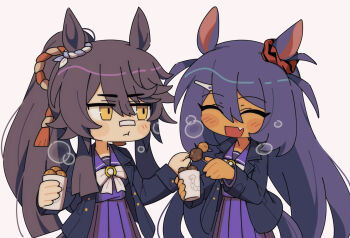 2girls animal_ears bandaid bandaid_on_face bandaid_on_nose black_hair blue_coat blush bow bowtie breasts closed_eyes closed_mouth coat dark-skinned_female dark_skin ear_ornament ear_scrunchie eating fang food hair_between_eyes hair_ornament hairclip highres hishi_amazon_(umamusume) holding holding_food horse_ears horse_girl horse_tail hwipa_(param_blue) long_hair long_sleeves multiple_girls narita_brian_(umamusume) open_clothes open_coat open_mouth ponytail purple_sailor_collar purple_serafuku purple_shirt purple_skirt red_scrunchie rope sailor_collar sailor_shirt school_uniform scrunchie serafuku shimenawa shirt skirt smile striped_clothes striped_scrunchie tail tracen_school_uniform tracen_winter_coat umamusume very_long_hair white_bow white_bowtie winter_clothes winter_coat winter_uniform yellow_eyes