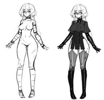 1girl barbariank breasts capelet commentary completely_nude dress english_commentary full_body glasses greyscale hair_between_eyes highres long_hair looking_at_viewer mechanical_arms mechanical_legs medium_breasts monochrome multiple_views nahalie_(barbariank) navel nipples nude original prosthesis scar simple_background standing torn_clothes