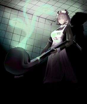 1girl animal_ears apron black_dress breasts ceiling crack cracked_wall dress expressionless grey_hair hat holding holding_smoking_pipe indie_virtual_youtuber indoors large_breasts long_sleeves looking_at_viewer miaw907 nimi_nightmare nurse_cap one_side_up oversized_object short_hair smoke smoking_pipe solo tapir_ears tapir_girl tile_ceiling tile_wall tiles twitter_username virtual_youtuber white_apron yellow_eyes