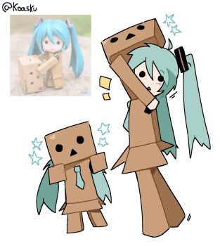1girl ahoge amazon_(company) aqua_hair aqua_necktie blush box cosplay danboo figure full_body hatsune_miku hatsune_miku_(cosplay) highres holding holding_box koasku long_hair looking_at_viewer multiple_views necktie photo-referenced photo_inset reference_inset solid_circle_eyes star_(symbol) twintails twitter_username vocaloid white_background yotsubato!