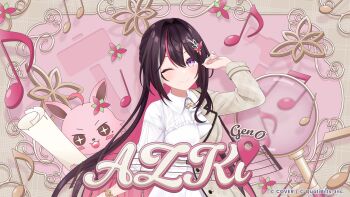 1girl :3 ;) absurdres ahoge azki_(4th_costume)_(hololive) azki_(hololive) black_hair blush bracelet buck_teeth character_name closed_mouth collared_dress colored_inner_hair commentary_request company_name copyright_notice dress hair_between_eyes hair_ornament highres hololive hololive_dreams jewelry magnifying_glass multicolored_hair musical_note official_art one_eye_closed open_mouth pink_hair pioneer_(azki) purple_eyes scroll smile solo streaked_hair teeth virtual_youtuber white_hair