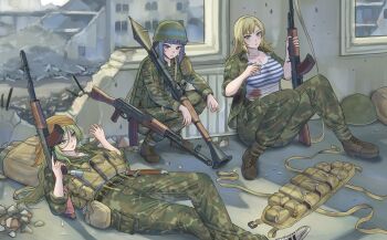 3girls absurdres assault_rifle bandana camouflage camouflage_jacket camouflage_pants cigarette gun helmet highres holding holding_cigarette jacket kalashnikov_rifle military military_combat_uniform military_uniform moe_internationale multiple_girls original pants rifle rocket_launcher rpg rpg-7 rpg_(weapon) sarashi shirt soviet striped_clothes striped_shirt vdv weapon