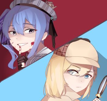 2girls blood blood_on_face blood_splatter blue_eyes blue_hair commentary english_commentary finger_to_mouth holding holding_magnifying_glass hololive hololive_english hoshimachi_suisei hoshimachi_suisei_(1st_costume) kiel_adair looking_back magnifying_glass medium_hair multiple_girls purple_eyes side_ponytail split_screen virtual_youtuber watson_amelia watson_amelia_(1st_costume)