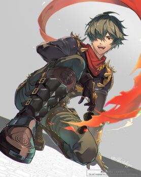 1boy aketohgo arm_on_own_leg black_boots black_gloves boots commentary english_commentary gloves green_eyes green_hair green_pants grey_background hair_over_one_eye hand_on_floor highres holding holding_removed_eyewear jacket leather leather_jacket lighter_(zenless_zone_zero) looking_at_viewer male_focus on_one_knee open_mouth pants red_pupils red_scarf scarf short_hair shoulder_spikes solo spiked_belt spiked_jacket spikes studded_gloves sunglasses torn_clothes torn_scarf twitter_username unworn_eyewear zenless_zone_zero