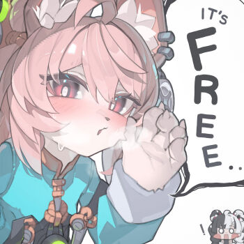 2girls 2ho absurdres ahoge animal_ears black_hair blush bright_pupils commentary_request dialyn_(zenless_zone_zero) ear_piercing english_text furry furry_female heart heart_in_eye highres korean_commentary long_sleeves looking_at_viewer multicolored_hair multiple_girls piercing pink_fur pink_hair rabbit_ears rabbit_girl red_eyes split-color_hair sweat symbol_in_eye whispering white_hair white_pupils zenless_zone_zero zhao_(zenless_zone_zero)