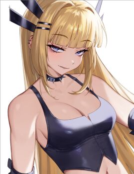 1girl arm_guards black_camisole blonde_hair blue_eyes breasts camisole choker cleavage commentary earrings english_commentary hair_ornament hairclip jewelry long_hair looking_at_viewer magik's_crown magik_(x-men) marvel medium_breasts midriff navel ohwasuy smile spiked_choker spikes x-men