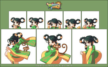 6+girls ahoge arrow_(symbol) blush border braid brown_eyes character_request chin-mei china_dress chinese_clothes circlet clenched_hands closed_eyes closed_mouth collared_dress copyright_name copyright_notice crescent_moon dragon_print dress dual_persona english_text game_cg gold_circlet gold_hair_tie green_border green_shoes green_sleeves hair_rings half_updo holding holding_own_hair in_dream_world jpeg_artifacts leg_up logo long_tail low-tied_sidelocks mandarin_collar monkey monkey_tail moon multiple_girls official_art one_eye_closed open_mouth outstretched_arms own_hands_clasped own_hands_together parted_bangs popcorn_kang print_sleeves ring_hair_ornament second-party_source shoes short_dress sidelocks smile spread_arms star_(symbol) sun tail tail_ornament tears tongue tongue_out twin_braids wide_sleeves yellow_trim