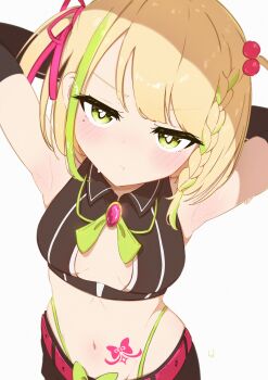 1girl absurdres armpits arms_up blonde_hair blush braid breasts cleavage_cutout clothing_cutout commentary elbow_gloves english_commentary fuzuki_miki gloves green_eyes green_hair hair_ribbon hdukl highres indie_virtual_youtuber looking_at_viewer medium_hair mole mole_under_eye multicolored_hair navel panty_straps pout ribbon side_braid side_ponytail simple_background small_breasts solo stomach_tattoo streaked_hair sweat tattoo virtual_youtuber white_background