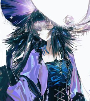 1girl absurdres alternate_costume black_dress black_gloves black_hair commentary_request dress gloves hand_up hat highres isolde_(reverse:1999) long_hair looking_at_viewer purple_eyes purple_sleeves reverse:1999 solo upper_body weiyan_(nbnbmwnl) white_background