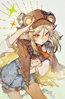 1girl absurdres animal_ears arknights bear_ears blonde_hair blue_shorts brown_capelet capelet chinese_commentary collared_capelet commentary_request cowboy_shot demon_horns hand_up highres holding holding_stuffed_toy horns huaique ifrit_(arknights) leaning_forward long_hair long_sleeves looking_at_viewer necktie official_alternate_costume orange_eyes orange_necktie orange_pantyhose pantyhose rilakkuma san-x sanrio shorts solo sparkle standing stuffed_animal stuffed_toy teddy_bear twintails