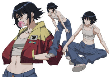 1girl bare_shoulders black_hair bleach blowing_bubble_gum blue_pants breasts chewing_gum clip_studio_paint_(medium) closed_mouth commentary full_body hands_in_pockets highres jacket looking_at_viewer midriff multiple_views navel pants shirt short_hair small_breasts solo stomach sui-feng white_shirt yshjsw