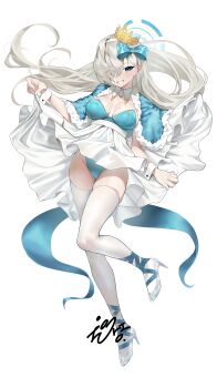 1girl absurdres asuna_(blue_archive) blonde_hair blue_archive blue_cape blue_eyes blue_halo blue_leotard blue_ribbon blush bow breasts breasts_apart cape commentary crown full_body grin groin hair_bow hair_over_one_eye halo high_heels highres large_breasts leotard long_hair looking_at_viewer mole mole_on_breast not_forever2w ribbon shoes skirt smile solo symbol-only_commentary thighhighs thighs very_long_hair white_cape white_shoes white_skirt white_thighhighs wrist_cuffs