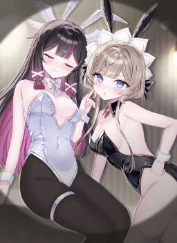 2girls alternate_costume animal_ear_hairband animal_ears bare_shoulders black_collar black_hair black_leotard black_pantyhose blue_eyes blurry blurry_background blush bonnet bow breasts brown_hair cleavage closed_eyes closed_mouth collar collarbone colored_inner_hair columbina_(genshin_impact) commentary_request contemporary cowboy_shot detached_collar fake_animal_ears gem genshin_impact hair_ornament hairband highleg highleg_leotard highres indoors large_breasts leotard long_hair long_sidelocks looking_at_viewer multicolored_hair multiple_girls multiple_wings open_mouth pantyhose playboy_bunny purple_hair purple_streaks r1_kli rabbit_ear_hairband rabbit_ears red_gem sandrone_(genshin_impact) short_hair_with_long_locks sidelocks smile strapless strapless_leotard streaked_hair sweatdrop tail thigh_strap thighhighs two-tone_hair white_bow white_headdress white_leotard white_thighhighs white_wings white_wrist_cuffs wing_hair_ornament wings wrist_cuffs