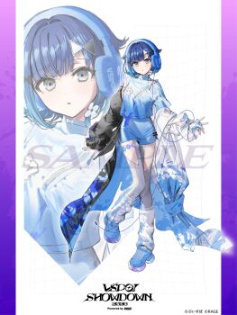 Rule 34 | 1girl, blue eyes, blue gloves, blue hair, blue shirt, blue shorts, blue skirt, commentary request, detached sleeves, fingerless gloves, full body, gloves, highres, leg warmers, looking at viewer, official art, parted lips, sample watermark, second-party source, see-through clothes, see-through sleeves, shirt, short hair, short sleeves, shorts, single glove, skirt, smile, solo, standing, standing on one leg, tsumugi kokage, virtual youtuber, vspo!, vspo! showdown, wata (attaka towel), watermark, white leg warmers, zoom layer
