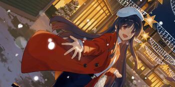 1girl alternate_costume artist_request bag black_skirt breath brown_eyes brown_hair building coat contemporary game_cg handbag hat highres houraisan_kaguya long_hair long_sleeves looking_at_viewer night night_sky official_art open_clothes open_coat open_mouth outdoors reaching reaching_towards_viewer red_coat skirt sky smile snow snowing solo third-party_source touhou touhou_lostword very_long_hair white_bag white_hat