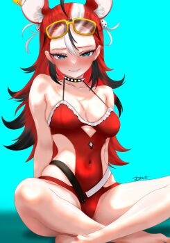 1girl absurdres ahoge animal_ears aqua_background artist_name black_hair blue_eyes blush breasts collar commentary covered_navel dfswift dice_hair_ornament eyewear_on_head grin hair_ornament hakos_baelz hakos_baelz_(holonatsu_paradise) highres hololive hololive_english looking_at_viewer medium_breasts mouse_ears mouse_girl multicolored_hair official_alternate_costume one-piece_swimsuit red_hair red_one-piece_swimsuit sharp_teeth simple_background sitting smile solo spiked_collar spikes swimsuit teeth virtual_youtuber white_hair