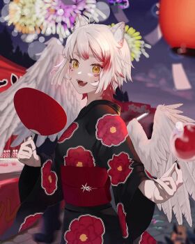 Rule 34 | 1girl, aerial fireworks, animal ears, black kimono, black nails, blurry, blurry background, breasts, candy apple, commentary, commission, cowboy shot, double-parted bangs, edge ill, english commentary, fangs, feathered wings, festival, fingernails, fireworks, floral print, floral print kimono, food, hands up, holding, holding candy apple, holding food, japanese clothes, kimono, long sleeves, looking at viewer, multicolored hair, nail polish, night, open mouth, original, print kimono, red sash, red streaks, sash, short hair, skeb commission, small breasts, smile, solo, streaked hair, white hair, wide sleeves, wings, yellow eyes