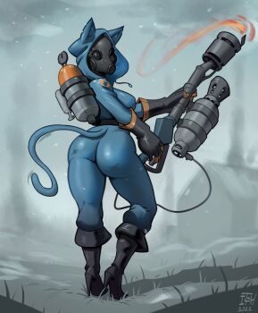 Rule 34 | 1girl, animal hood, ass, belt, black boots, black gloves, blu pyro (tf2), blue bodysuit, blue hood, bodysuit, boots, breasts, cat hood, cat tail, commentary, covered face, drawstring, english commentary, eyelashes, fake tail, flamethrower, from behind, full body, gas mask, gas tank, genderswap, genderswap (otf), gloves, high heel boots, high heels, holding, holding flamethrower, holding weapon, hood, itch (itchy ears), kemonomimi mode, knee boots, large breasts, looking back, mask, pyro (tf2), skin tight, smoke, solo, standing, tail, team fortress 2, two-tone gloves, weapon