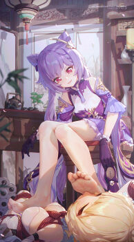 2girls absurdres bare_legs barefoot bdsm blonde_hair bondage bound breasts chair choker closed_eyes commentary_request detached_sleeves dress feet femdom foot_focus foot_on_another's_face genshin_impact gloves highres holding holding_shoes holding_unworn_clothes icecake indoors keqing_(genshin_impact) long_hair long_sleeves looking_at_another lumine_(genshin_impact) lying medium_breasts multiple_girls neck_tassel on_back on_chair parted_lips pink_eyes plant potted_plant purple_choker purple_dress purple_gloves purple_hair shibari shoes sitting smelling smelling_feet smile soles table tassel tea_set toes twintails unworn_shoes yuri