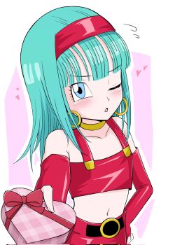Rule 34 | 1girl, belt, blue eyes, blue hair, blush, box, bra (dragon ball), choker, commentary, crop top, dragon ball, dragon ball gt, earrings, elbow gloves, fingerless gloves, gloves, hairband, hand on own hip, heart, heart-shaped box, highres, hoop earrings, jewelry, long hair, midriff, navel, one eye closed, shy, skirt, valentine, xenodoujin