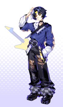 Rule 34 | 1boy, asaba harumasa, black hair, black pants, black shoes, blue sweater, collar, collarbone, commentary request, electric guitar, gradient background, guitar, hand in pocket, hand on own head, headband, highres, instrument, jewelry, male focus, necklace, open mouth, pants, purple background, scratching head, shirt, shoes, short hair, solo, spiked collar, spikes, sweater, torn clothes, torn pants, two-tone background, white background, white shirt, wifi12341234, yellow eyes, yellow headband, zenless zone zero