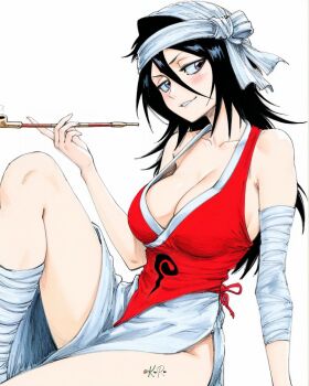 1girl arm_support artist_name bandages bleach breasts cleavage cosplay female_focus highres japanese_clothes kimono kuchiki_rukia large_breasts long_hair shiba_kuukaku sitting smoking_pipe solo