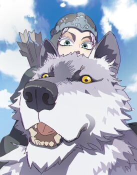 1girl absurdres aisendraw arrow_(projectile) blue_sky close-up cloud colored_eyelashes commentary elden_ring grey_eyes grey_fur helmet highres latenna_the_albinauric open_mouth riding riding_animal sky snout wolf yellow_eyes