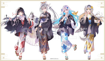 4girls bird black_hair black_jacket black_kimono blonde_hair blue_hair blue_kimono border bow brown_border bucket colored_inner_hair commentary_request copyright_notice dog_girl floral_print floral_print_kimono flower fur_shawl geta grey_hair grey_hairband grin group_picture hair_bow hair_flower hair_ornament hairband hands_up hanten_(clothes) higuchi_kaede holding holding_bucket holding_umbrella jacket japanese_clothes kimono lantern lize_helesta long_hair long_sleeves looking_at_viewer multicolored_hair multiple_girls nail_polish nijisanji obi obidome official_alternate_costume oil-paper_umbrella okuma_mai onsen_symbol paper_lantern ponytail print_kimono purple_eyes purple_sash red_kimono red_sash sample_watermark sandals sash sebastian_piyodore shawl shioriha_ruri smile standing standing_on_one_leg toenail_polish toenails towel towel_on_arm tsukino_mito two-tone_hair umbrella very_long_hair virtual_youtuber watermark white_background white_bow white_hair white_kimono white_shawl white_umbrella wide_sleeves yellow_bird yellow_flower yellow_kimono