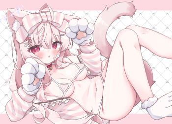 1girl :o ahoge animal_ear_fluff animal_ears animal_hands bandaid bandaid_on_cheek bandaid_on_face bikini bikini_under_clothes blush bow breasts brown_hair cat_ears commission feet_out_of_frame gloves hair_between_eyes hair_bow highres jacket knees_together_feet_apart knees_up long_hair long_sleeves looking_at_viewer medium_breasts minato_yu_(0514) navel off_shoulder open_clothes open_jacket original parted_lips paw_gloves paw_shoes puffy_long_sleeves puffy_sleeves red_eyes shoes skeb_commission solo striped_bikini striped_bow striped_clothes striped_jacket swimsuit white_gloves white_shoes